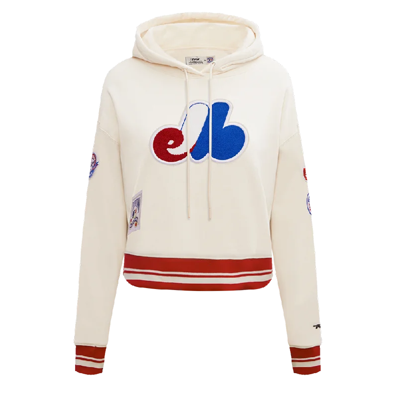 MLB MONTREAL EXPOS RETRO CLASSIC WOMEN'S RIB CROPPED PO HOODIE (EGGSHELL/ RED) Hoodie with Strings Custom Fit Adjustable