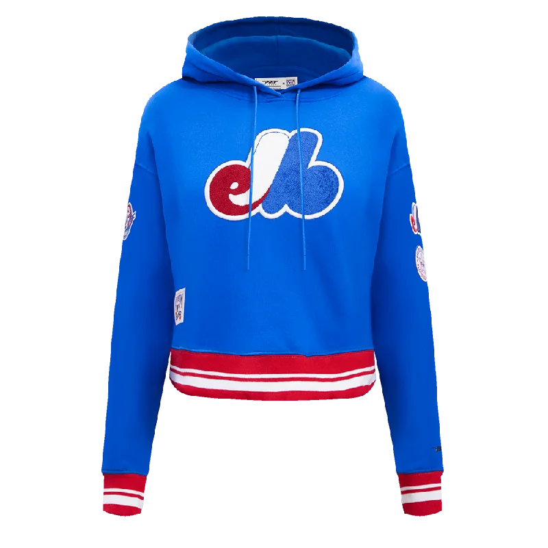 MLB MONTREAL EXPOS RETRO CLASSIC WOMEN'S RIB CROPPED PO HOODIE (ROYAL BLUE/RED) Hoodie with Side Slits Relaxed Casual