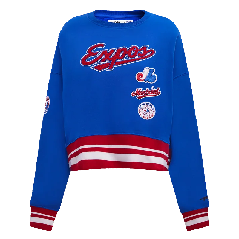 MLB MONTREAL EXPOS RETRO CLASSIC WOMEN'S RIB CREWNECK (ROYAL BLUE/RED) Hoodie with Velcro Closure Adjustable Secure