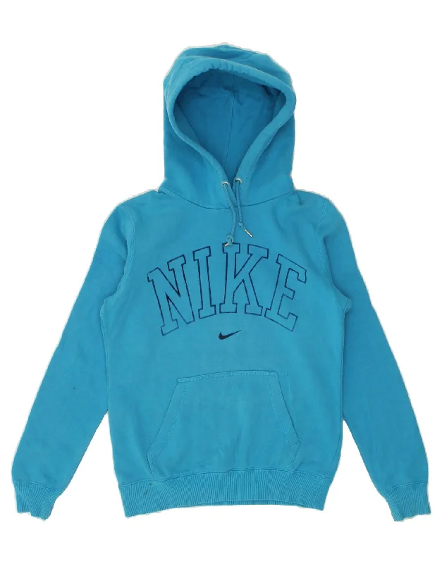 NIKE Womens Oversized Graphic Hoodie Jumper UK 10 Small Blue Hoodie with Half-Zip Sporty Casual