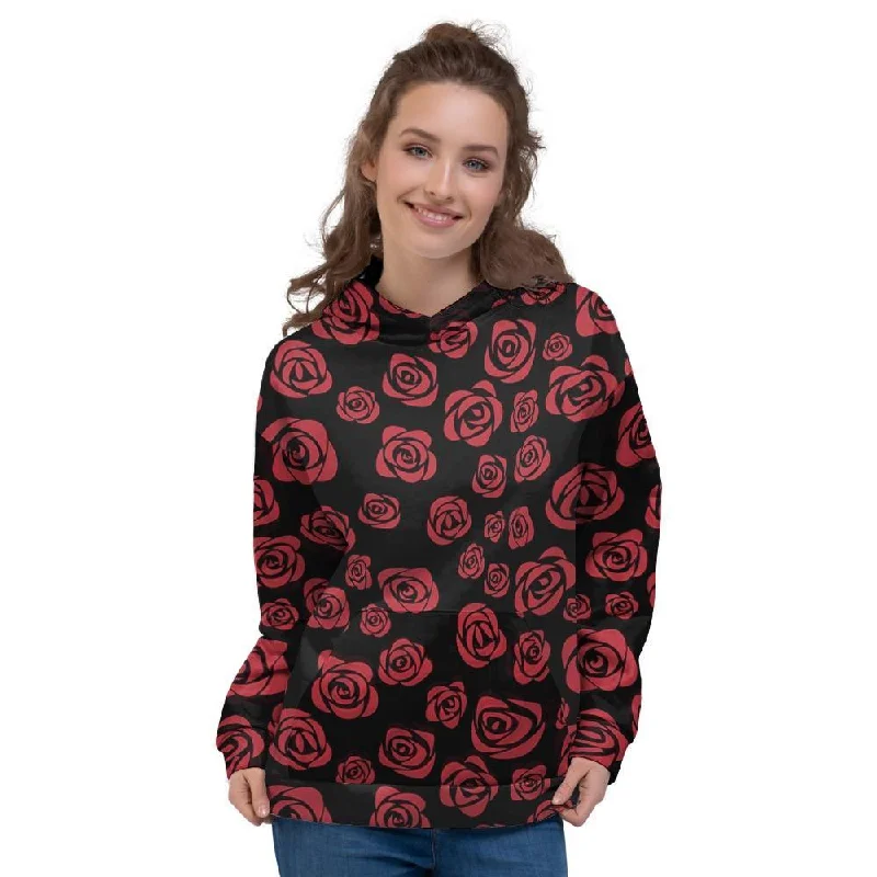 Red Rose Floral Doodle Women's Hoodie Hoodie with Raglan Sleeves Sporty Comfortable