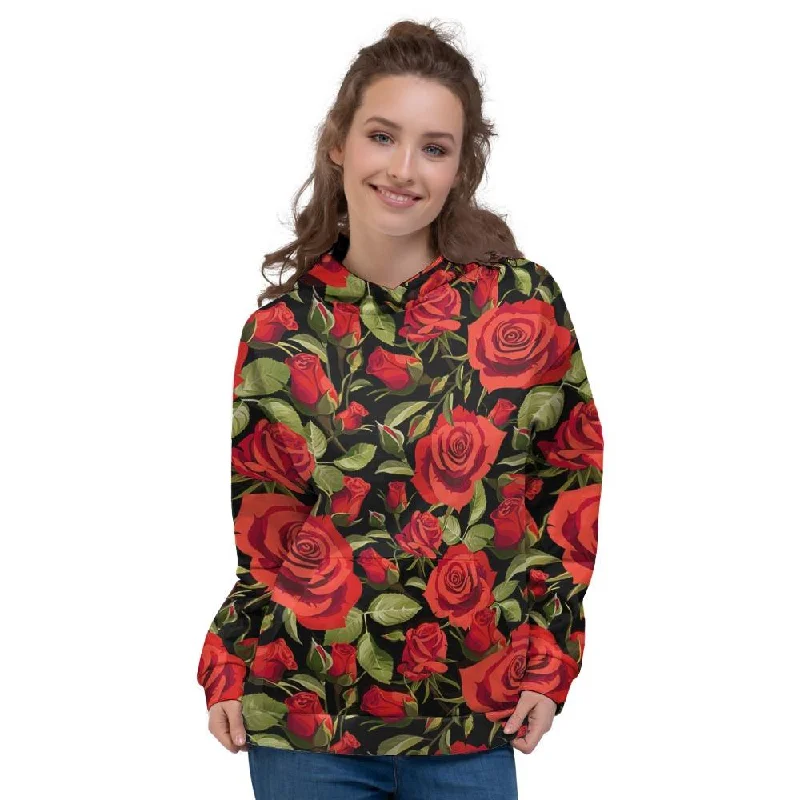 Red Rose Floral Women's Hoodie Hoodie with Frayed Bohemian Relaxed