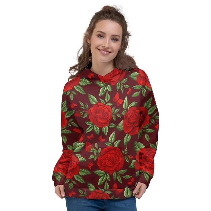 Red Rose Flower Women's Hoodie Hoodie with Earth Tones Natural Calm