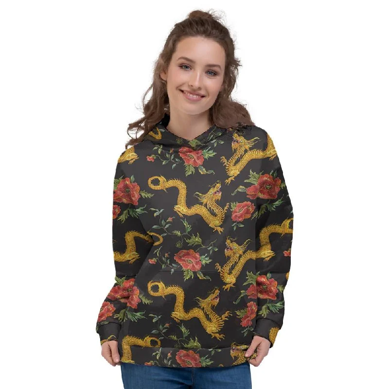 Rose Floral Golden Dragon Print Women's Hoodie Hoodie with Longline Fit Extended Stylish