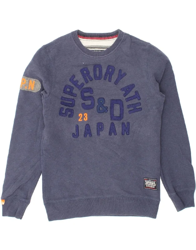 SUPERDRY Mens Graphic Sweatshirt Jumper Small Navy Blue Cotton Hoodie with Patch Decorative Personalized