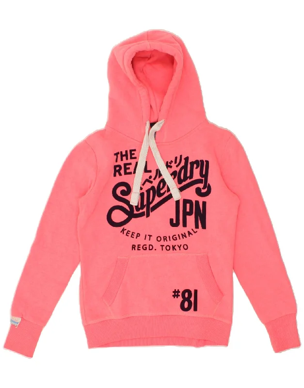 SUPERDRY Womens Graphic Hoodie Jumper UK 10 Small Pink Polyester Hoodie with Elastic Waist Stretchable Comfortable