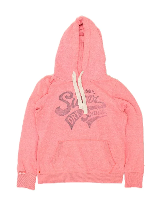 SUPERDRY Womens Graphic Hoodie Jumper UK 16 Large Pink Cotton Hoodie with Double Zipper Versatile Adjustable