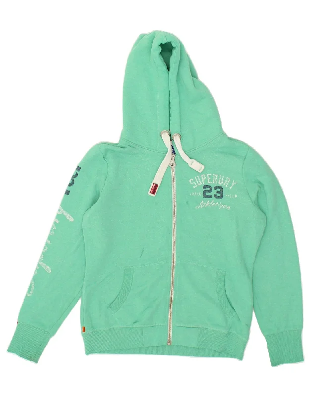 SUPERDRY Womens Graphic Zip Hoodie Sweater UK 16 Large Green Polyester Hoodie with Front Slit Layering Stylish