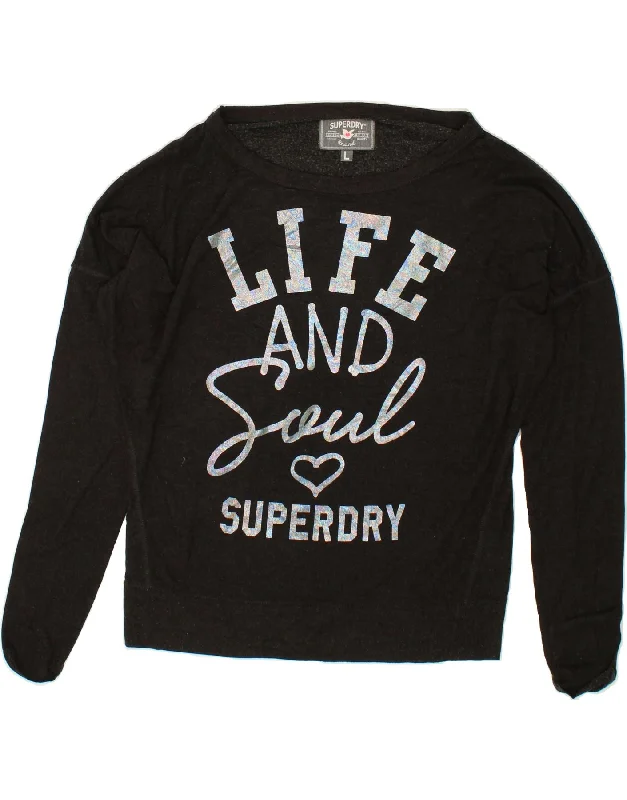 SUPERDRY Womens Oversized Graphic Sweatshirt Jumper UK 16 Large Black Hoodie with Mock Neck Collared Structured