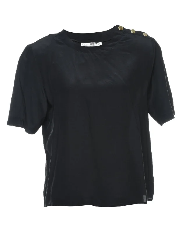 Black Short Sleeve Silk Top - L