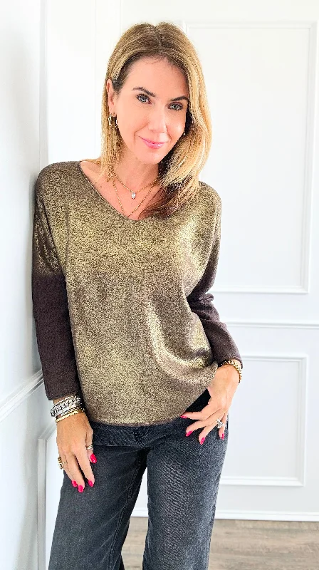 Gold Shine V-Neck Italian Pullover- Brown