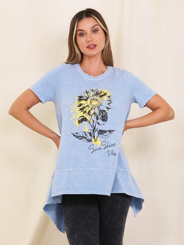 Tunic-Blue- Sun Flower-Short Sleeve-Women's-T1273cs