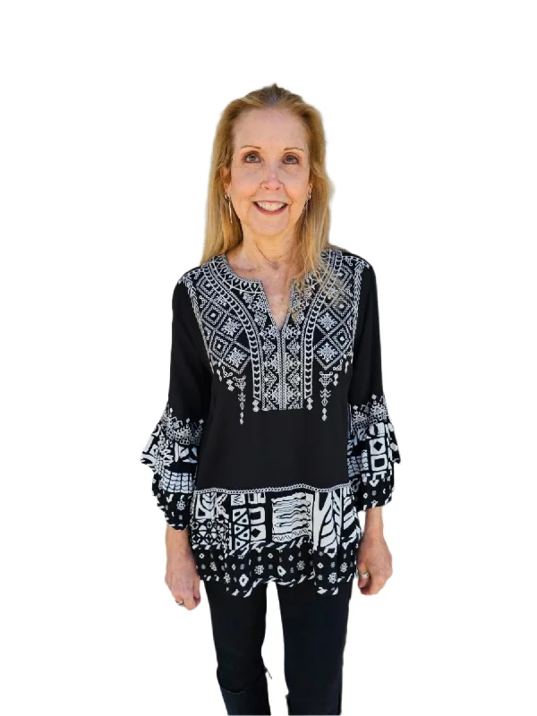 Women's Black and White Embroidered Tunic