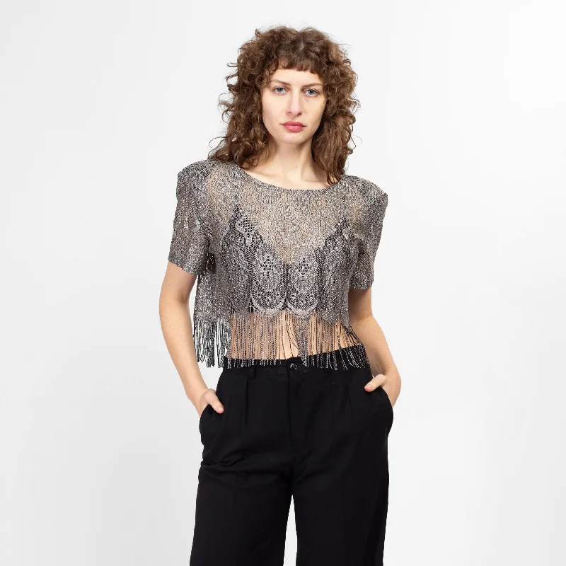 Large 80s Sheer Silver Metallic Lace Fringe Cropped Blouse