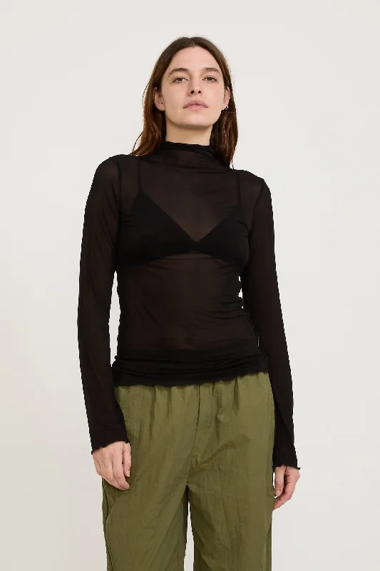 Sheer Raised Neck L/S T-Shirt Black