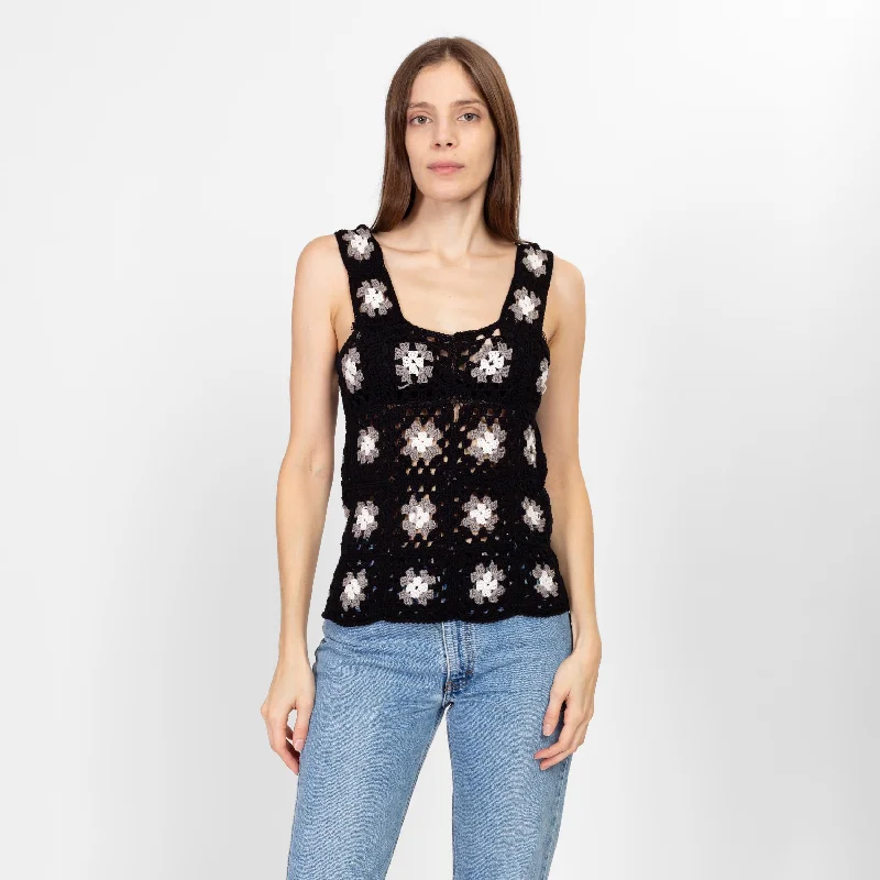 Small 90s Black & White Granny Square Crochet Knit Top