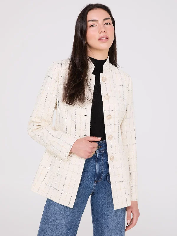 Boucle Button-Front Blazer With Mandarin Collar