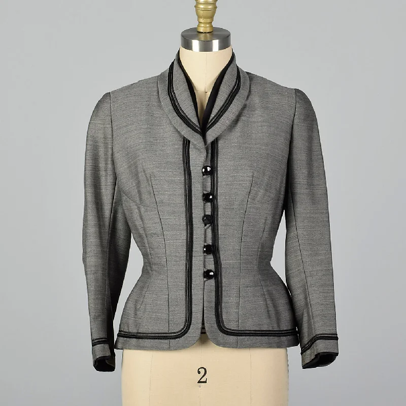 1950s Bonwit Teller Gray Fitted Blazer with Black Trim