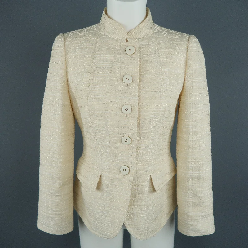 ARMANI COLLEZIONI Size 6 Cream Textured Cotton Blend Mandarin Collar Jacket