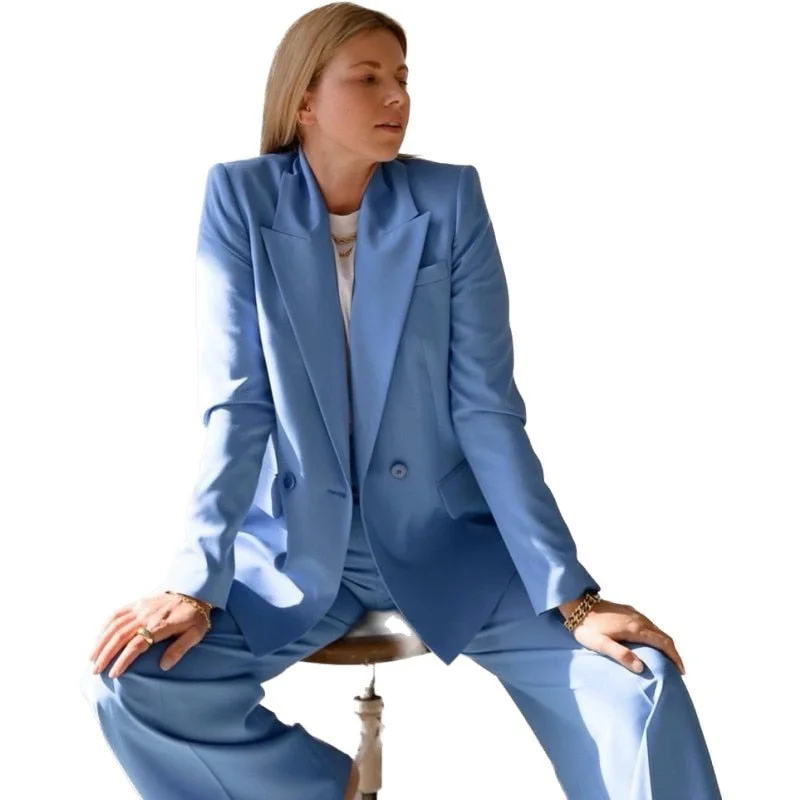 Blue Casual Women Suits 2 Piece Suits With Blazer Pant Plus Size Loose Wide Leg Pants Ladies Suit For Work