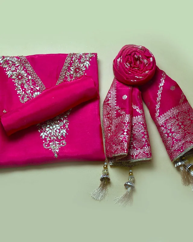 Bright Pink Silk Viscose Blend Embroidered Unstitched Suit Fabric Set With Silk Woven Dupatta