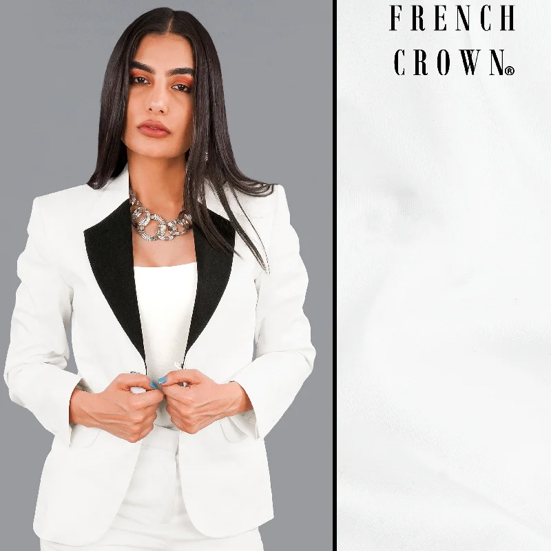 Bright White with Black Patch Collar Premium Cotton Women's Blazer