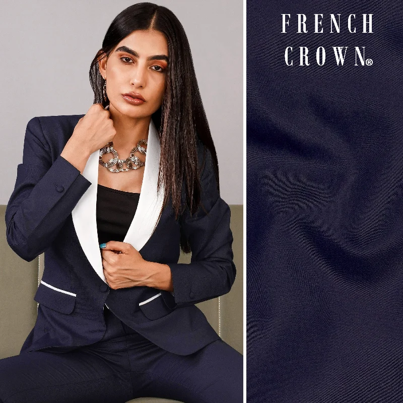 Charade Navy Blue Subtle Sheen with White Lapel Single Breasted Women's Blazer