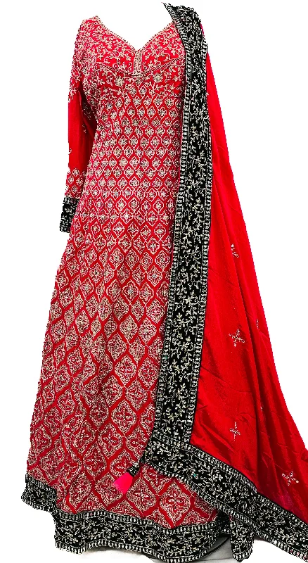 Georgette silk based embroidery work with mirror & Stone work design beautiful heavy flared Kameez with georgette Dupatta