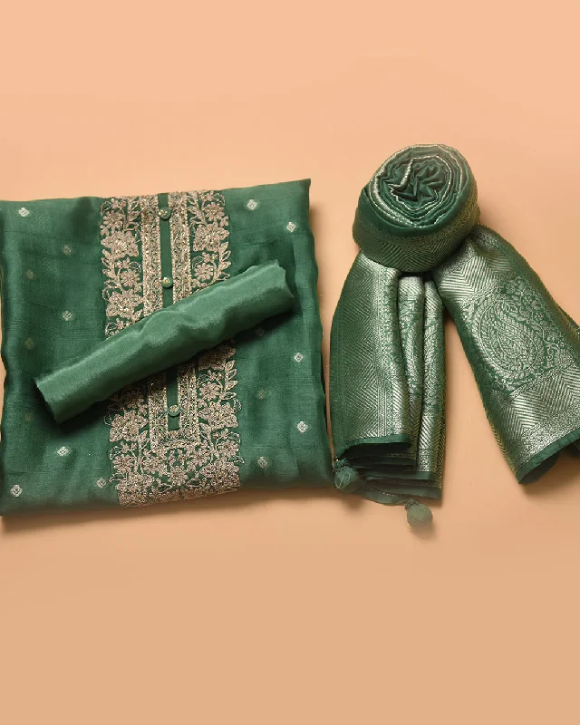 Green Silk Blend Woven With Embroidery Unstitched Suit Fabric Set With Silk Woven Dupatta