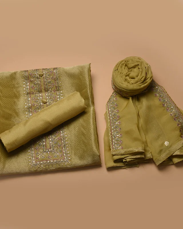 Greenish Yellow Tissue Organza Embroidered Unstitched Suit Fabric Set With Organza Dupatta