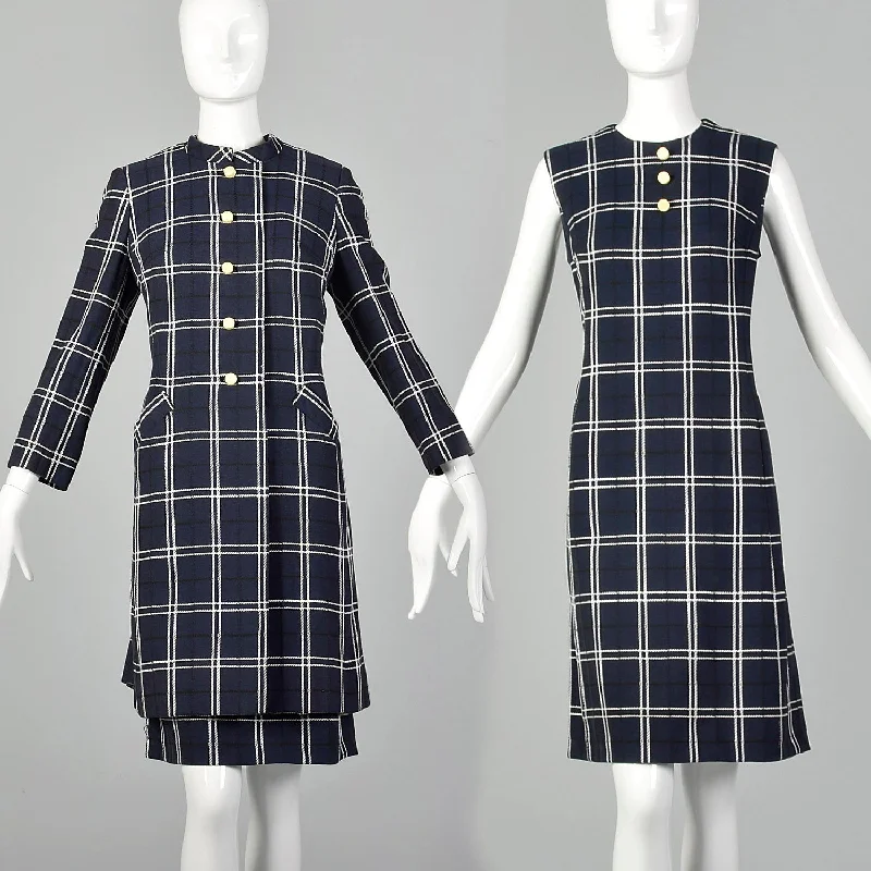 Large 1960s Navy Plaid Dress and Jacket Set