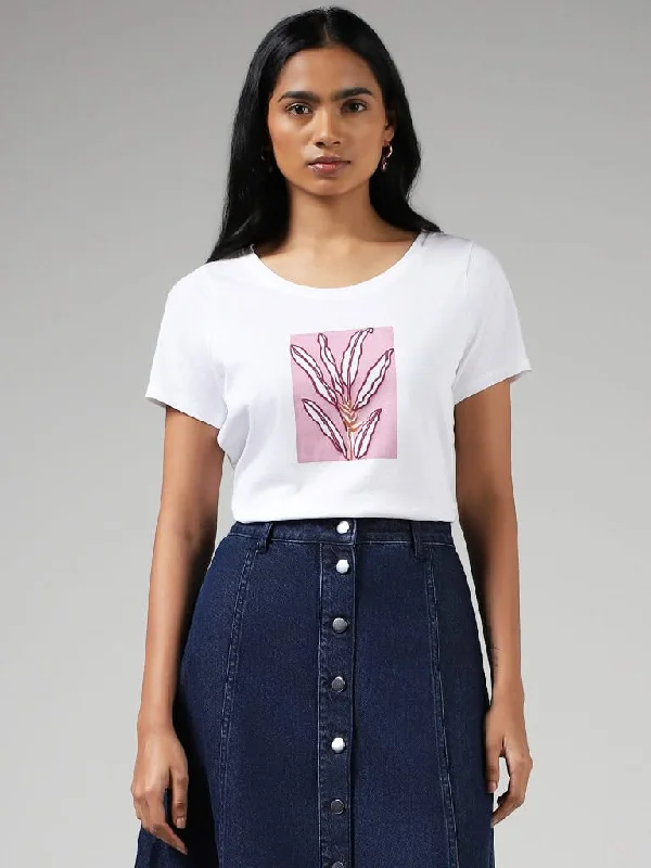 LOV White Printed Cotton T-Shirt