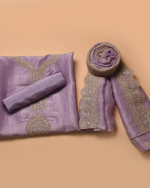 Mauve Crushed Organza Blend Embroidered Unstitched Suit Fabric Set With Organza Dupatta