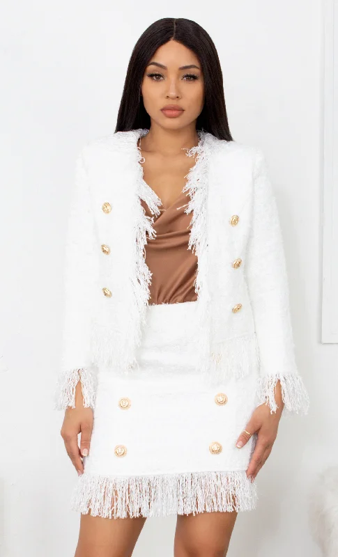 New In Town White Tweed Fringe Tassel Long Sleeve Blazer Jacket Gold Button Two Piece Mini Dress Set