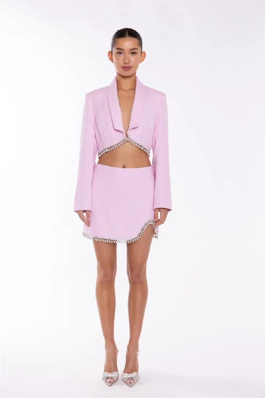 Pink-Tweed Diamante Trim Crop-Blazer