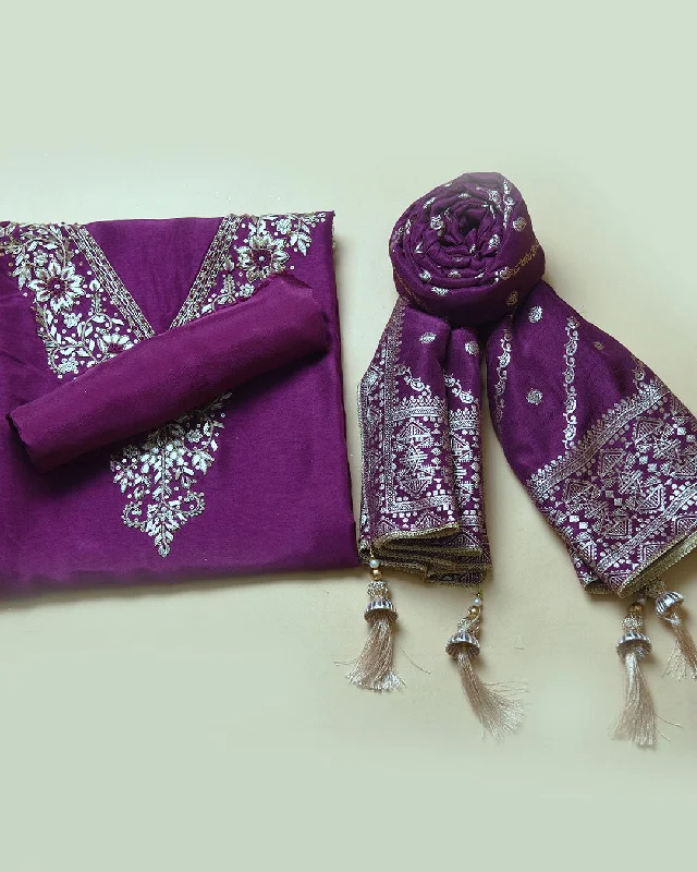 Purple Silk Visocse Blend Embroidered Unstitched Suit Fabric Set With Silk Woven Dupatta