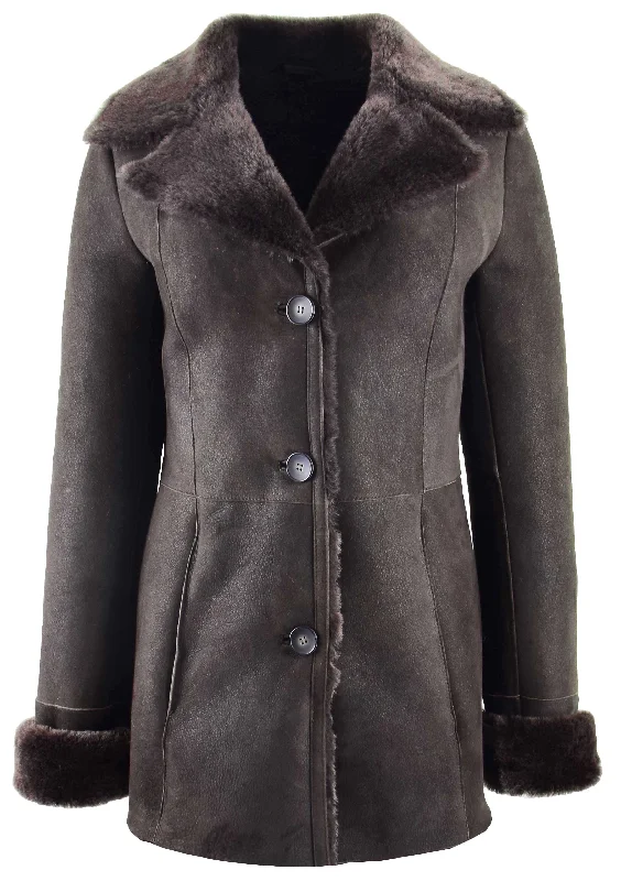 Womens Real Sheepskin Brown Brisa Jacket Classic 3/4 Mac Merino Shearling Trench Zona