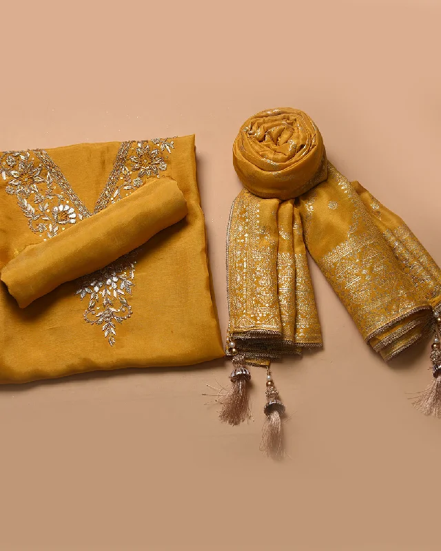 Yellow Silk Viscose Blend Embroidered Unstitched Suit Fabric Set With Silk Woven Dupatta